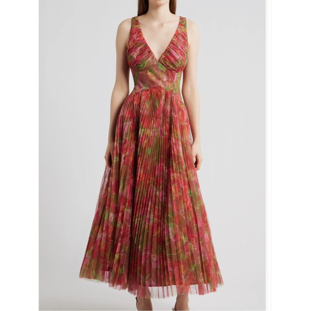 Hutch Floral Pleated Midi Dress in Pink and Olive